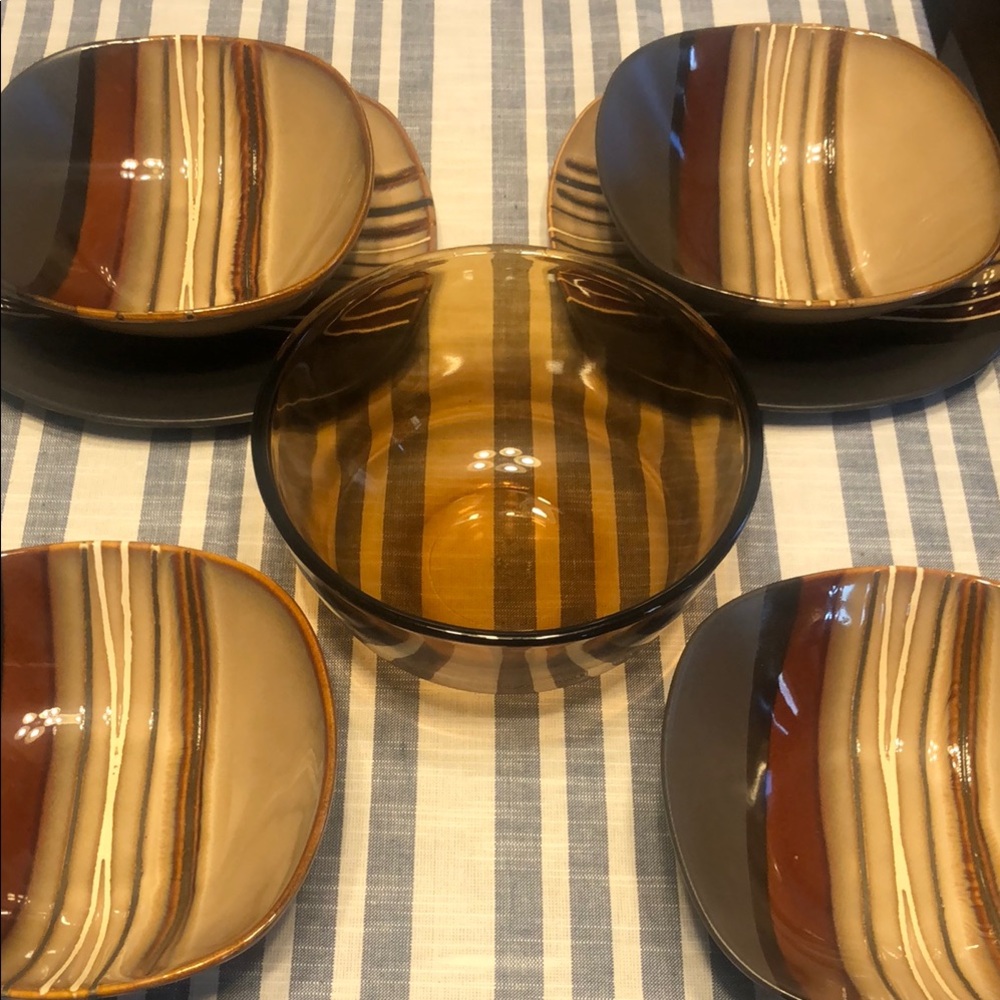 Striped Amber Glass Bowls and Side Plates - Amber Brown Set